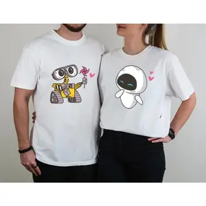 100% Cotton Wall-E and Eve Couple T-Shirts, Valentines Day Matching Tees, Robot LoveShirt, Valentine's Day Couple Outfit, Honeymoon Gift,Valentine Tee - 1 piece