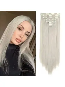 24-Inch Long Highlight Ombre Straight Synthetic Hair Extensions with 16 Clip-On Non-Trace Hairpiece - Heat Resistant Fiber for Women (140g)