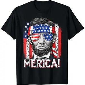 Lincoln 4th of July Merica Abe Boys Men Women American Flag T-Shirt Pure Cotton Graphic Tees Menswear Top: Gifts for Men & Women
