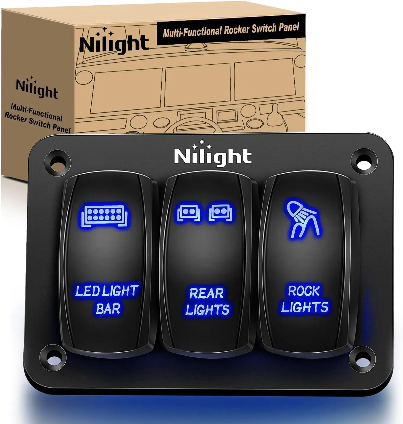 Nilight 3-Gang 5-Pin SPST ON/OFF Rocker Switch Panel - Blue LED Illuminated, Aluminum+ABS Build, Laser Etched, Easy Installation for SUV, Yacht, ATV, Car, LED Light Bar