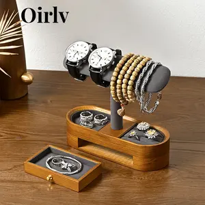 【FathersDayGift】Oirlv Wooden Watch Organizer Stand, 2-in-1 Jewelry Display & Bracelet Holder with Storage Drawer, Minimalist Luxury Watch Case for Men, Desktop Accessories for Nightstand & Dresser