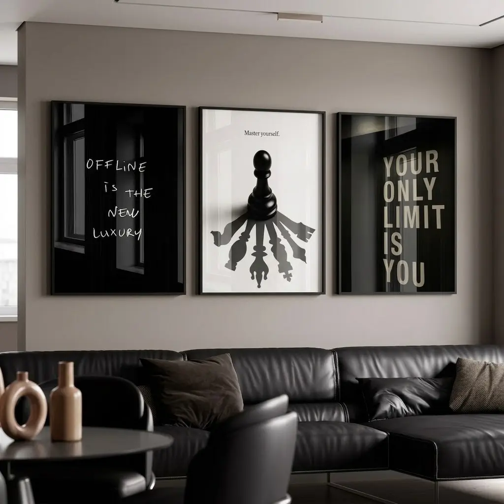 Minimalist Motivational Wall Art Posters Set of 3 - No-Frame Prints: "Offline is the New Luxury", "Master Yourself", "Your Only Limit is You"