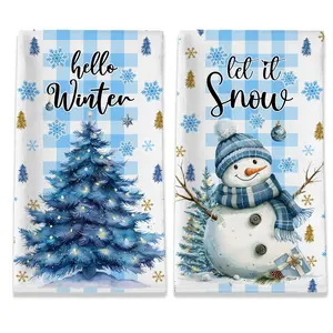 Winter Kitchen Towels, Snowman Towels Set of 2, Christmas Tree Let It Snow Dish Hand Towels with Snowflakes and Cardinal, Blue White Buffalo Plaid Seasonal Gifts Decorations for Home, 18x26 Inches