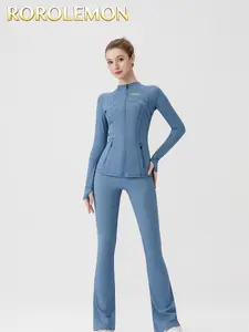 ROROLEMON Women's Yoga Outfit – Long Sleeve Jacket with Flare Bottoms, Zippered Pockets, Thumbhole Cuffs