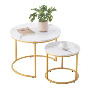 VEVOR Nesting Coffee Table Set of 2, 23.6 in Round Coffee Table, Nesting Tables for Small Place, Vintage End Side Tables Night Stand with Metal Frame, for Living Room, Bedroom, Office (White Gold)