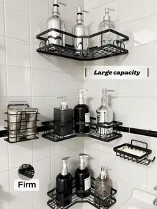 Firm Caddy Shower Storage 5-Piece Set Self-Adhesive Stainless Steel Shelf No Drilling Rust-Resistant Large Capacity Hollow Round Design Bathroom Decor Accessories rust-resistant bathroom decor accessory