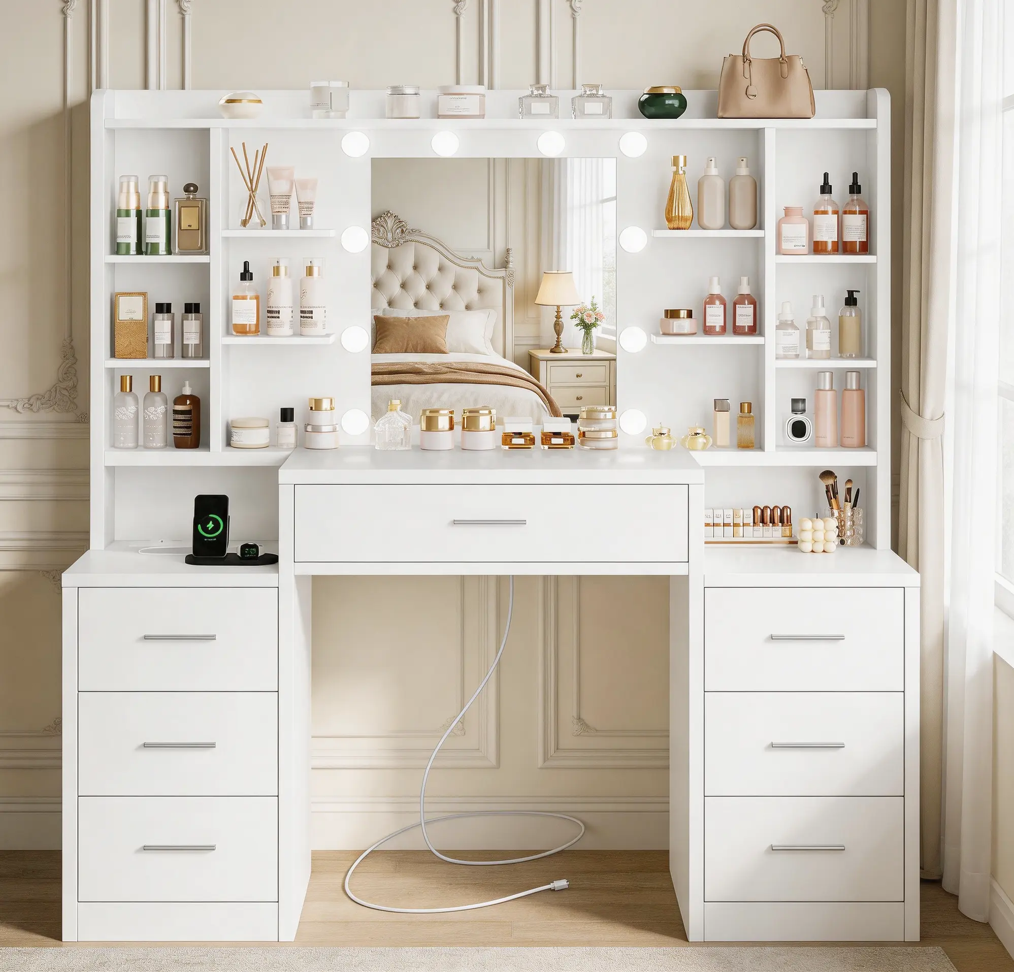 White Makeup Vanity Desk - Large Modern Rectangular Indoor Single Unit Furniture with Glow-Ready LED Mirror (Brightens Makeup), 7 Drawers, Open Shelves, Power Outlet (Power at Your Side) for Girl Room Decor