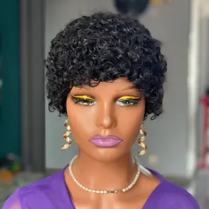 ShowReal Short Afro Kinky Curly Pixie Cut Wig Human Hair Machine Made Curly Black Wigs for Black Women 180% Density Afro Short Curly Pixie Wigs Natural Black Wigs Short Curly Hair Wig
