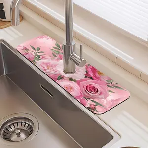 Floral Pattern Flowers Faucet Mat, 1 Count Waterproof Durable Rubber Splash Guard, Splatter Guard, Non-slip Kitchen Sink Mat, Suitable for Kitchen Sink and Dining Table, Household Items