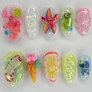 Chic Nail Studio Luxury Plumeria Paradise Press-On Nails, 3D Shells & Flowers, Ocean Glow, Custom Press-On Nail, Gifts for Her