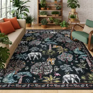 LOKHOM Jungle Animal Print Rug 8x10 Washable Area Rugs for Living Room, Forest Rug Non Slip Low Pile Stain Resistance Large Throw Carpet for Bedroom Dining Room Kids Playroom Nursery, Black