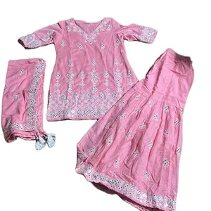 Cotton Sharara Set in Pink with Floral Embroidery Design for Cotton Wear