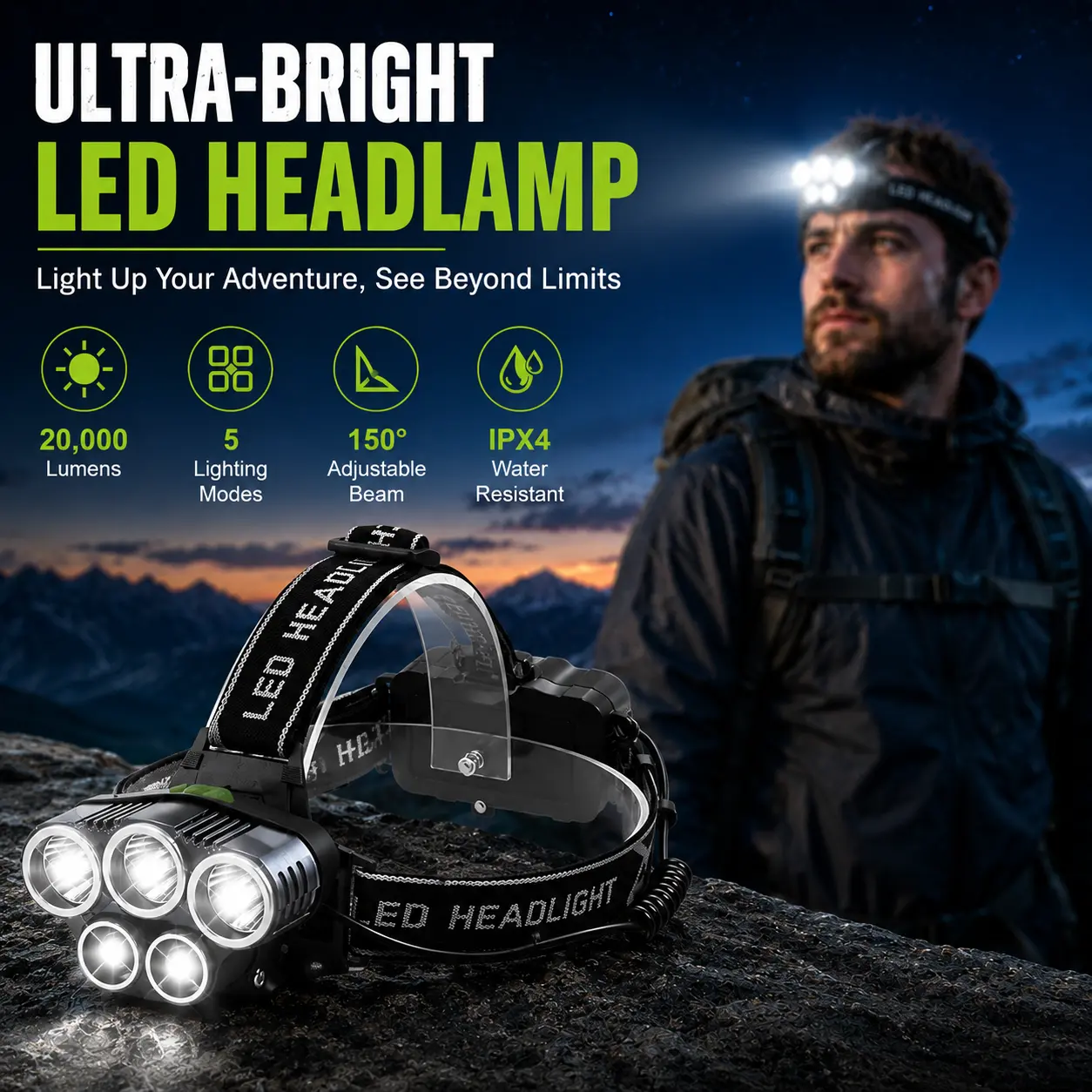LED Rechargeable Headlamp - 5 Modes, 20000 Lumen High Lumens Flashlight, Waterproof for Camping, Hunting - Sports & Outdoor LED Rechargeable Flashlights-1123, Headlight Flashlights, Abs Shell, Elastic Band