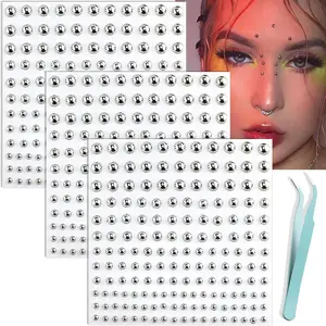 Face Gems Lip Stud, Fake Lip Piercing Fake Nose Stud Eyebrow Stud~Non Piercing Nose Stud Stick on Silver Belly Button Sticker, Face Sticker Fake Nose Ring Cool Punk Y2K Makeup for Women Men