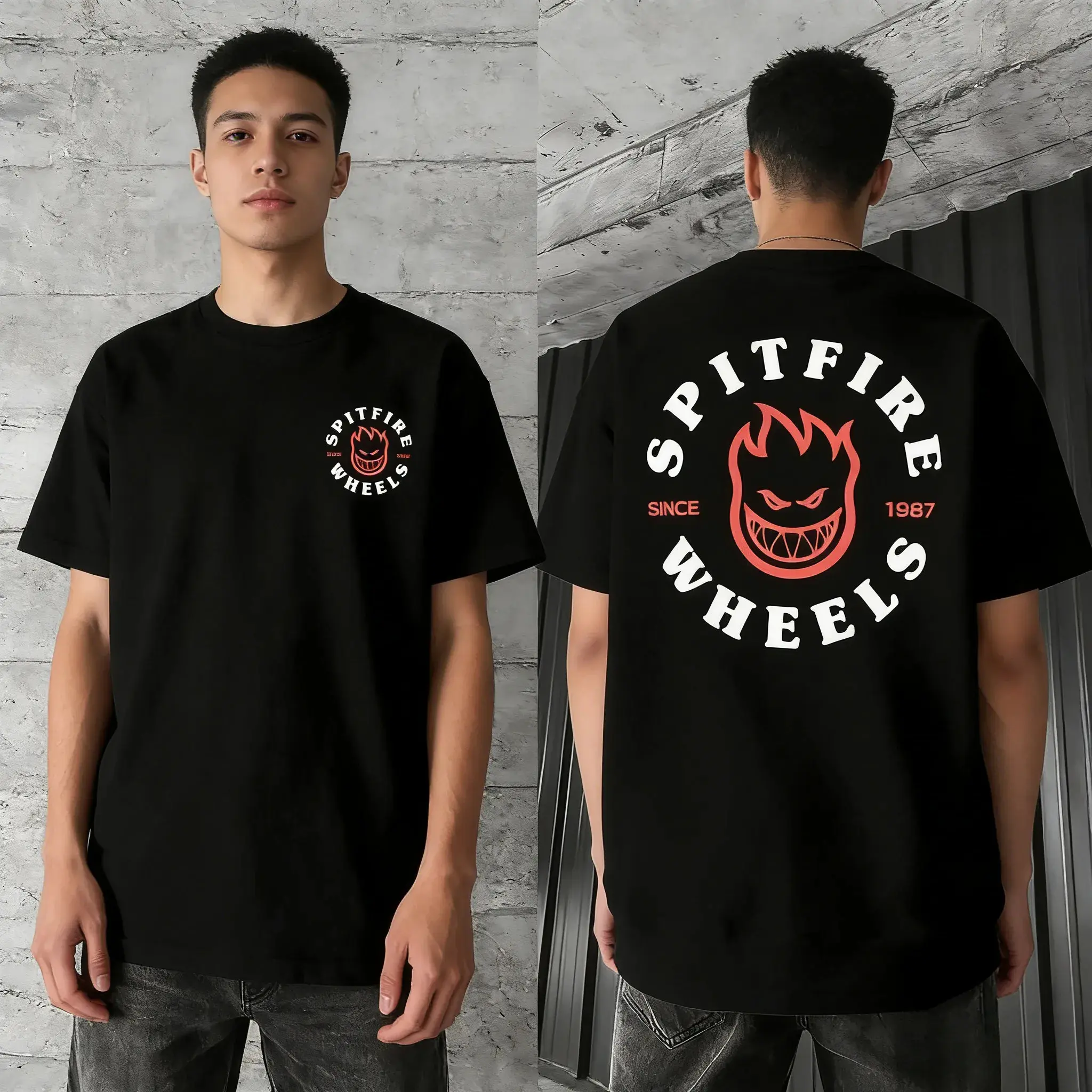 Women's Crew Neck Short Sleeve Regular Fit Spitfire Skate Print T-Shirt, Kangaroo Pocket, Casual Streetwear, Cold Wash, All Seasons, Spitfire Logo, Lightweight, Do Not Dry Clean, Graphic Shirts, Normal Type, Shortsleeve, Breathable, Cotton, Soft, Top, Tsh