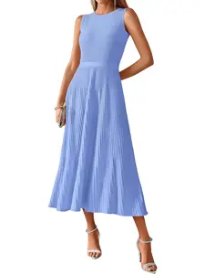 BTFBM Women's Midi Bodycon Tank Dress Summer Crewneck Rib Knit Sleeveless Pleated Swing A Line Business Casual Dresses