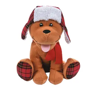 11" Christmas Brown Stuffed Dog with Red Plaid Winter Hat & Scarf