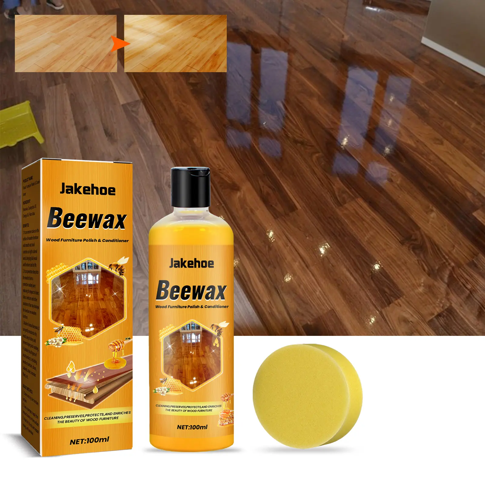 Jakehoe Household Wooden Floor Protection Wax & Cleaner - Natural Enzyme Gentle Beeswax Formula, Wood Conditioner, Removes Stubborn Dirt, Dullness & Scratches, Deep Cleans, Dust Resistance, Long Lasting Shine, Home Maintenance Solution