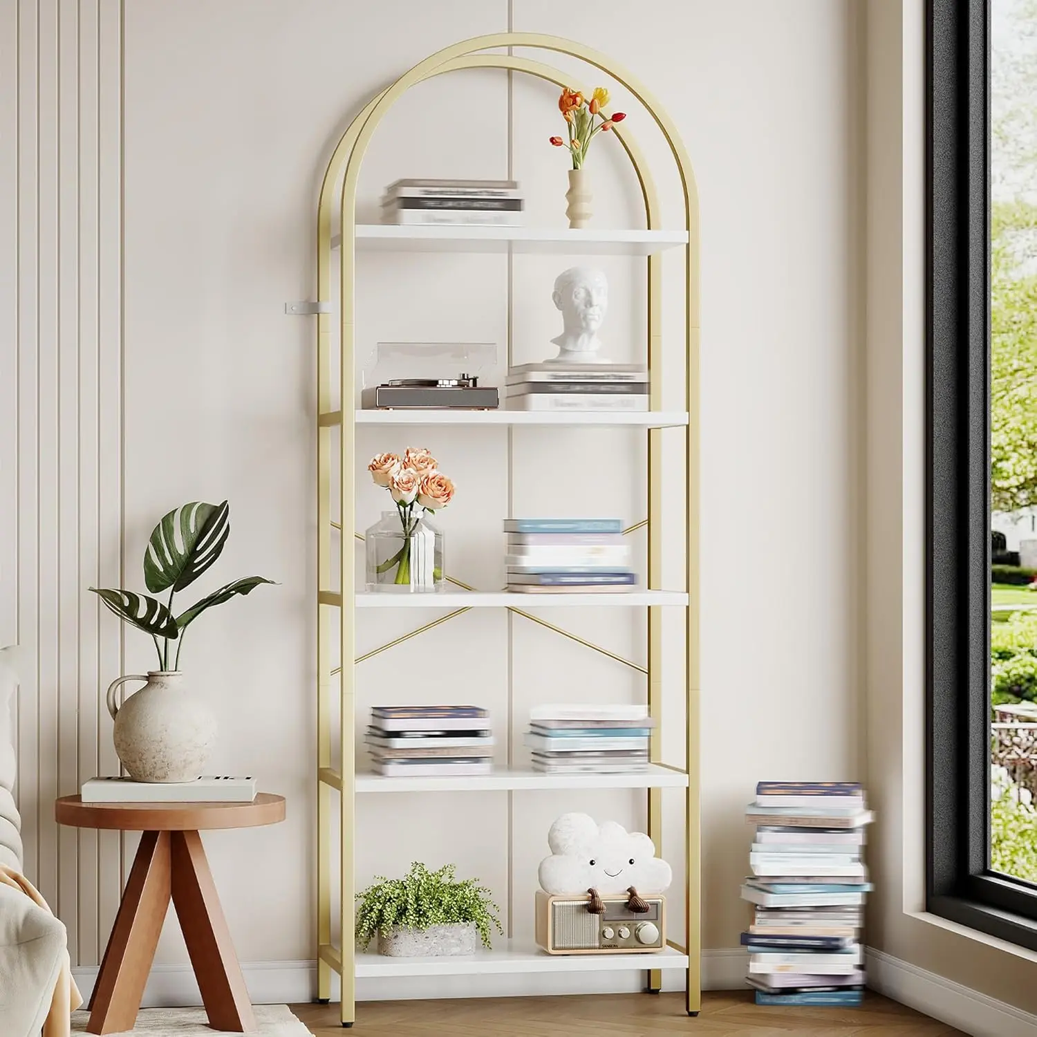 Modern 5-Tier Arched Bookcase, Tall Standing Metal Frame Display Shelf with Marble Finish for Living Room, Bedroom and Office