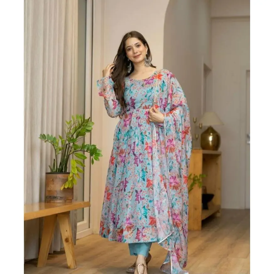 Floral Printed Anarkali Suit Set with Dupatta and Pants for  Womenswear