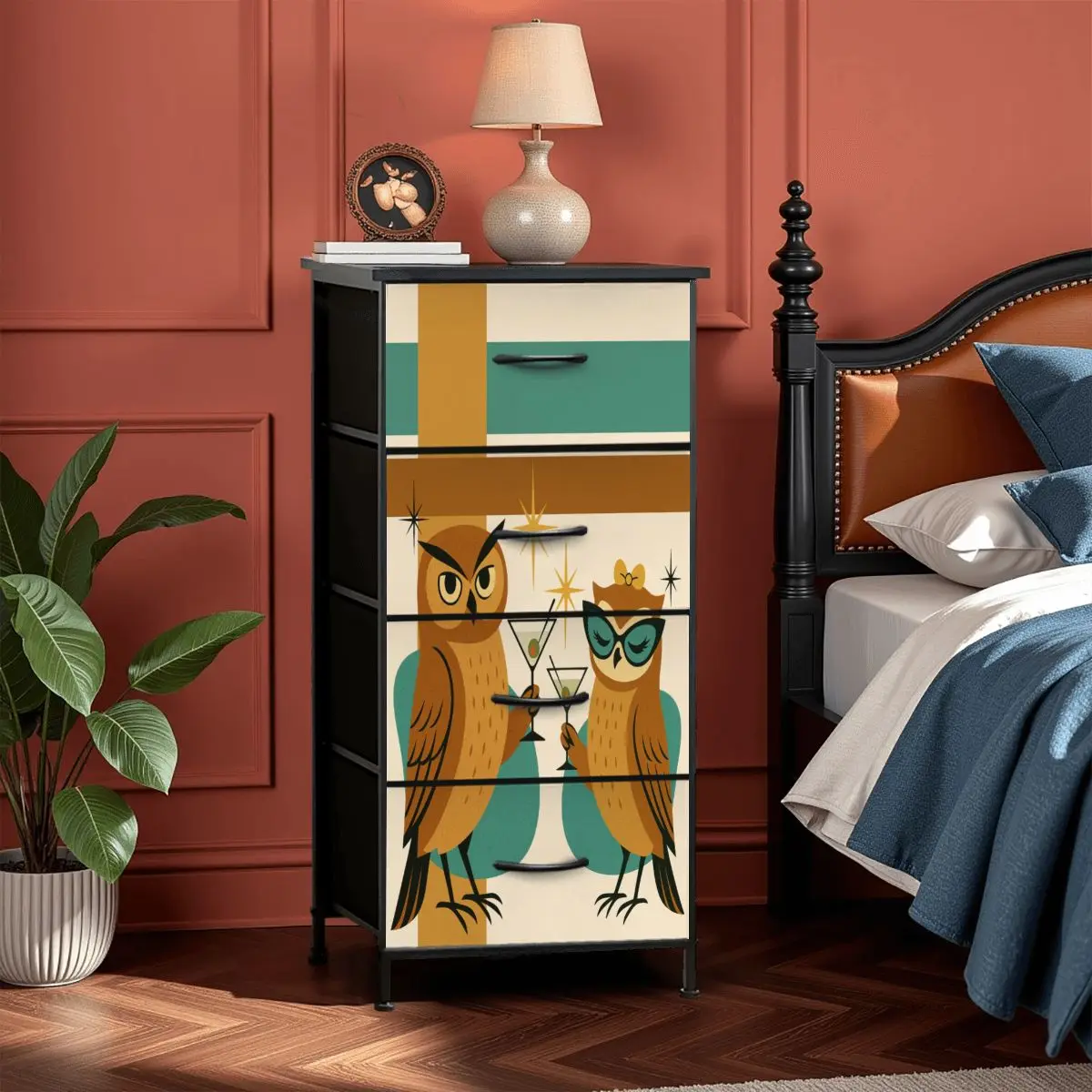Mid Century Modern 70s Owls Kitschy Martini Time 4-Drawer Dresser