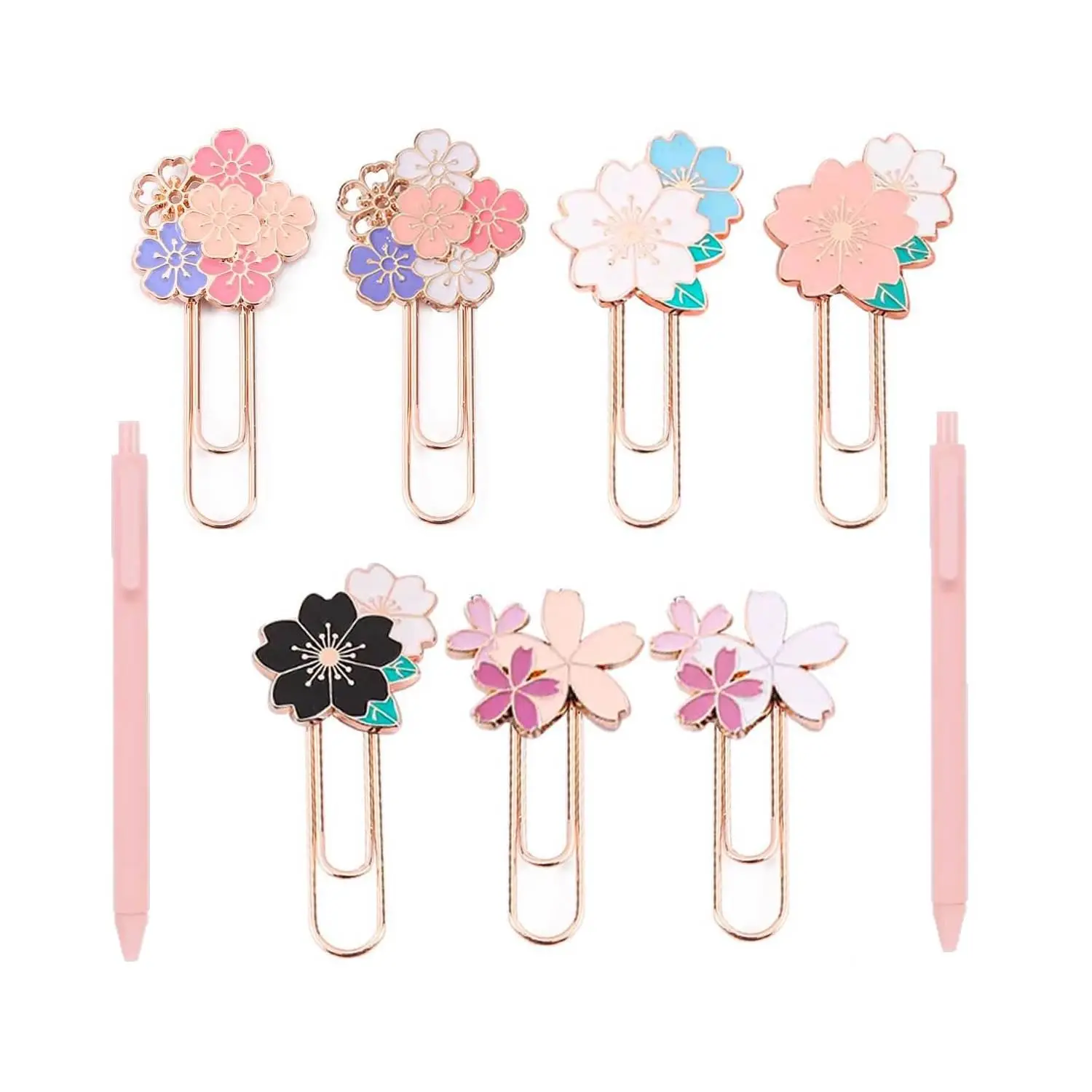 Large Size Metal Coated Cherry Blossom Flowers Bookmark Set - 7-Piece Metal Bookmark Paper Clips, 2-Piece Ballpoint Pens, Business Card Holder for Students, Teachers, DIY Projects & Note Organization