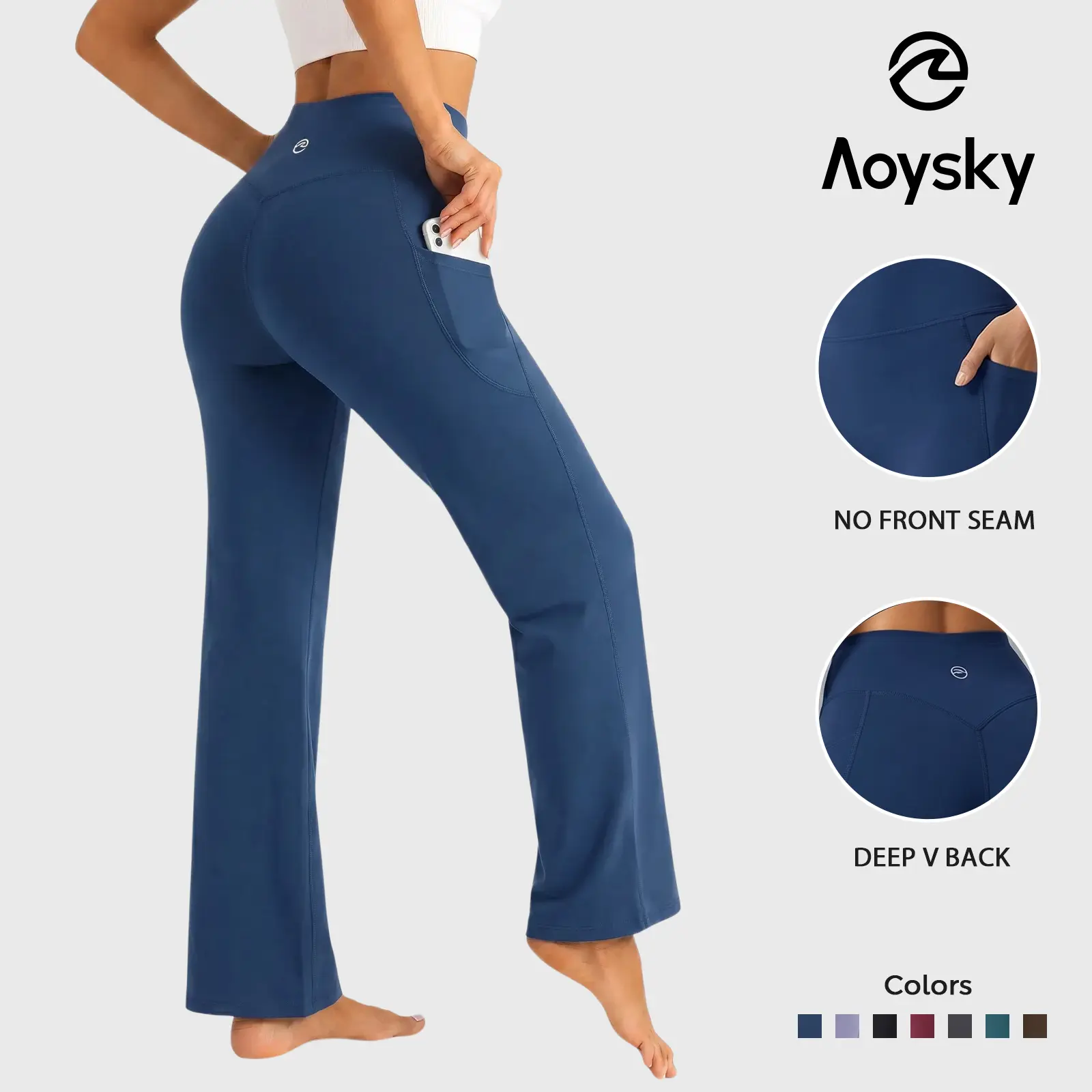 Aoysky Women's Buttery Soft No-Front-Seam High Stretch Waist-Level Minimal Style Polyester Elastane Workout Leggings - Straight-Leg Yoga Pants with Multi-Pocket Design Side Pockets, High Stretch Pants, Minimal Style Pants