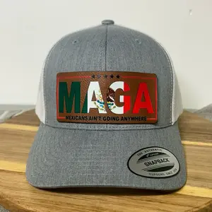 MAGA "MEXICANS AIN'T GOING ANYWHERE" Trucker Hat - Unisex Custom Polyester-Cotton Faux Leather Gray Adjustable Snapback, Personalizable Casual Trendy Daily Wear Accessory