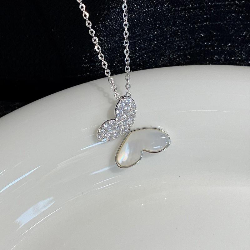 S925 Silver Butterfly Mother of Pearl Zircon Pendant Necklace Luxury Gift For Her