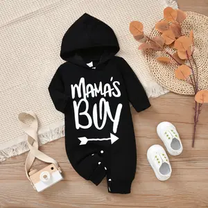 Spring & Autumn Baby Boy Clothes Black Waffle Hooded Romper with White Letter Print - Perfect for Fashionable Boys, Suitable for Indoor and Outdoor Wear