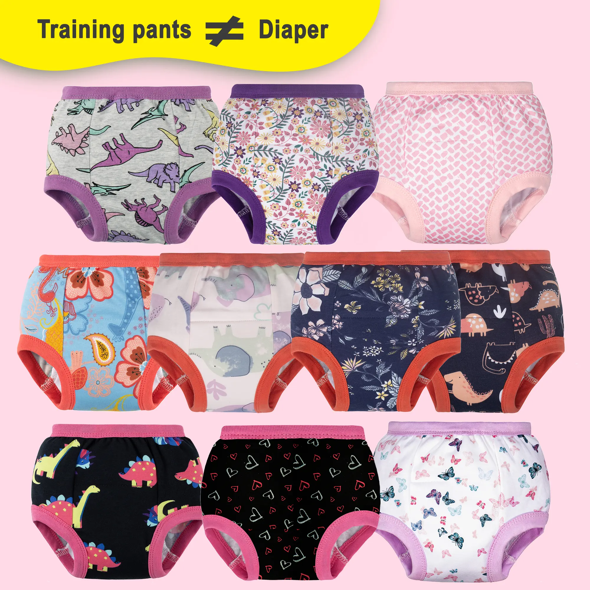 Big Elephant 10‑Pack 100% Cotton Toddler Potty Training Pants for Boys & Girls, Reusable Daytime Underwear with Cute Prints, Limited Absorbency for Minor Spills Only