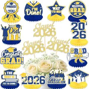 24 Pcs and Blue Graduation Decorations, 12pcs Honeycomb Centerpieces, 12 Pcs Class of 2026 Table Centerpieces Set