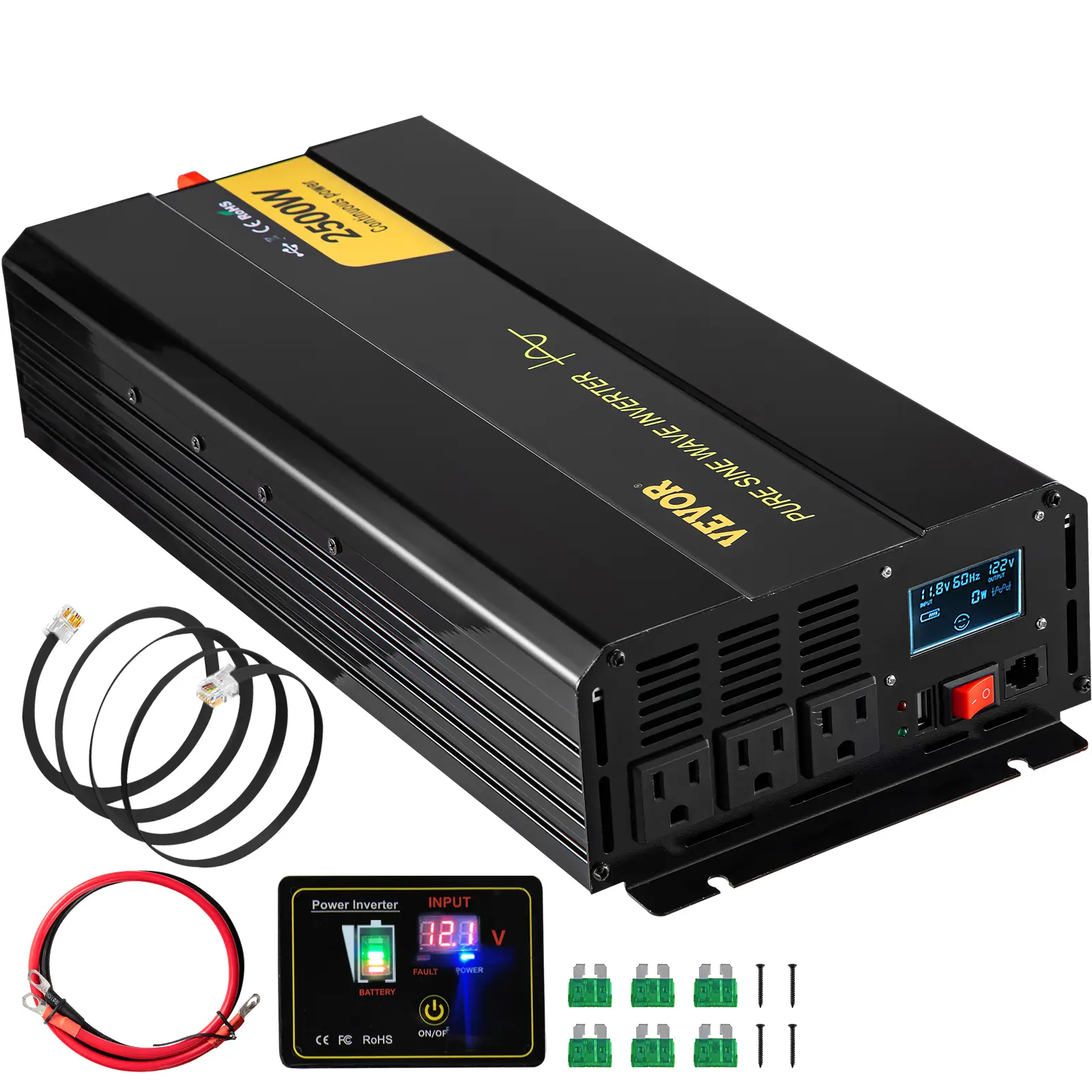 【summerfinds】VEVOR Pure Sine Wave Inverter, 2500 Watt Power Inverter, DC 12V to AC 120V Car Inverter, with USB Port, LCD Display, and Remote Controller Power Converter, for RV Truck Car Solar System Travel Camping