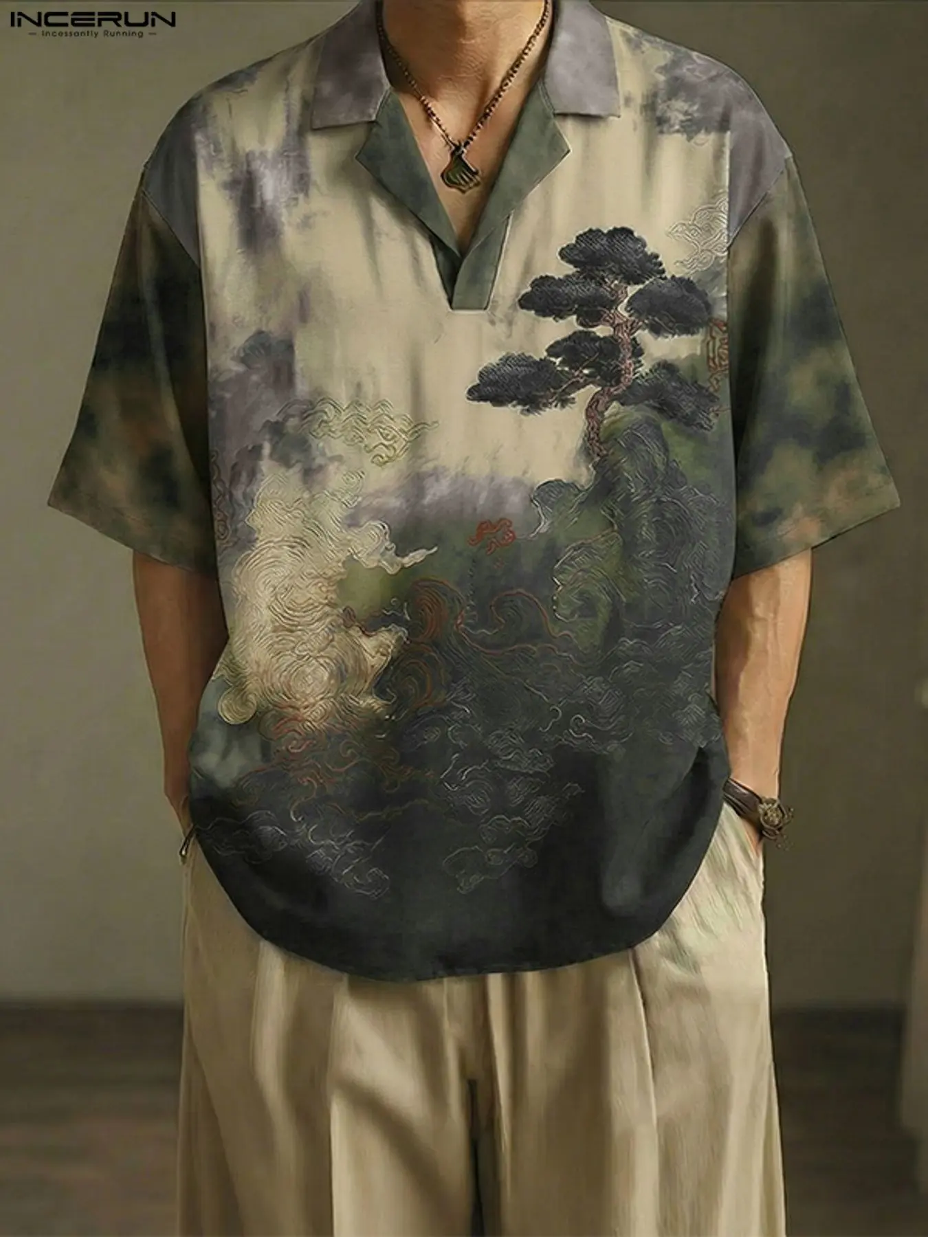 INCERUN Men's Japanese Korean Style Printed Mountain River Turn-Down ...