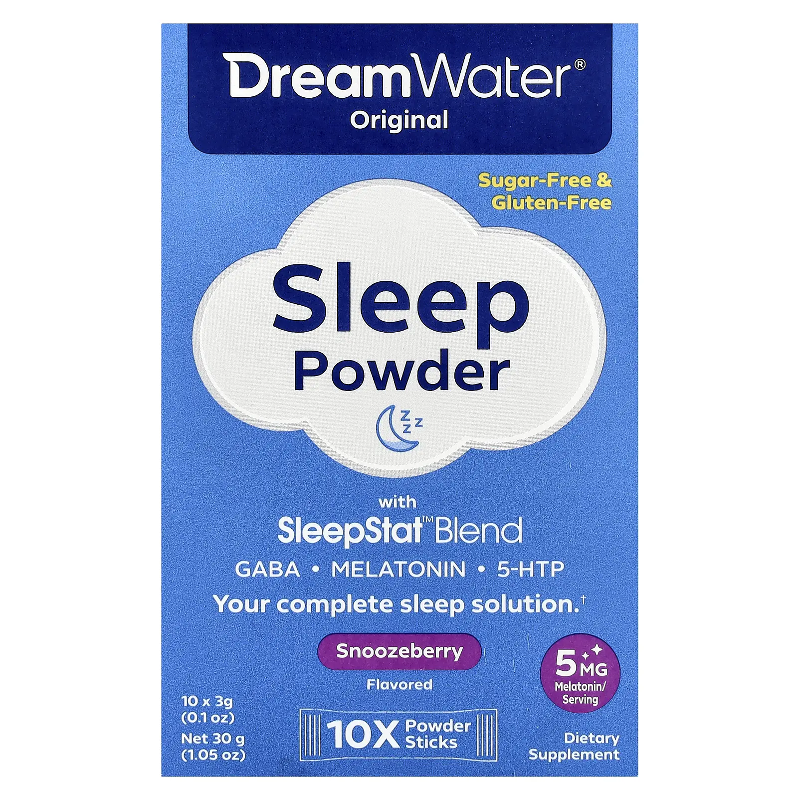 Dream Water Original Sleep Powder with SleepStat™ Blend, Snoozeberry, 10 Stick Packs, 0.1 oz (3 g) Each