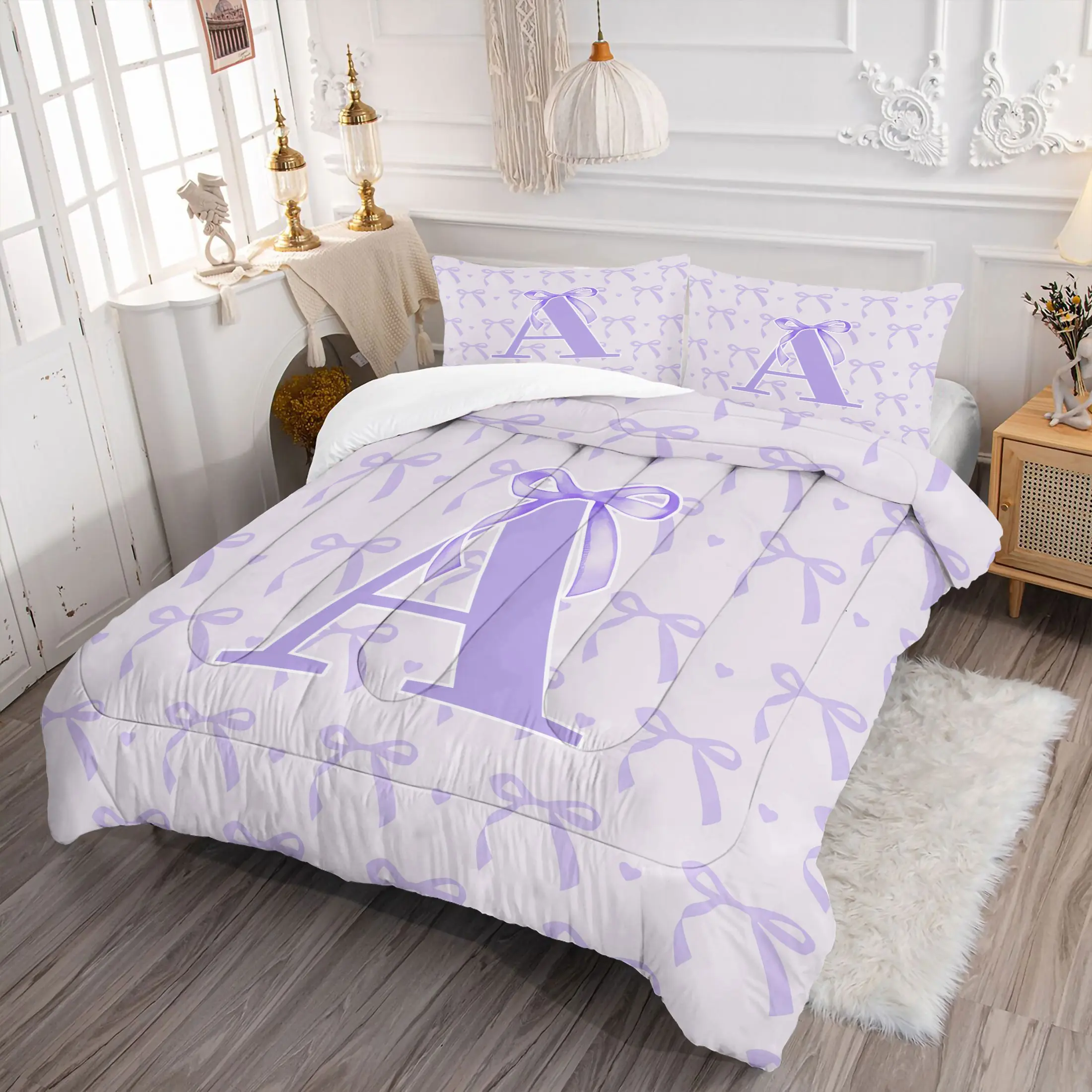 2/3Pcs Purple Bow Printed Comforter Set, Creative A-Z Alphabet Bedding Sets, Soft Warm Bedding, Bedding Supplies, Kawaii Style Home Decor, Comfortable for All Seasons, Perfect for Bedroom and Dormitory, Girls Holiday Gift, Pillowcase Not Included