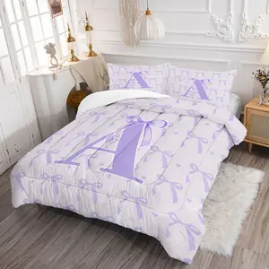 2/3Pcs Purple Bow Printed Comforter Set, Creative A-Z Alphabet Bedding Sets, Soft Bedding, Kawaii Style Home Decor, Comfortable and Warm for All Seasons, Perfect for Bedroom and Dormitory, Girls Holiday Gift, Pillowcase Not Included