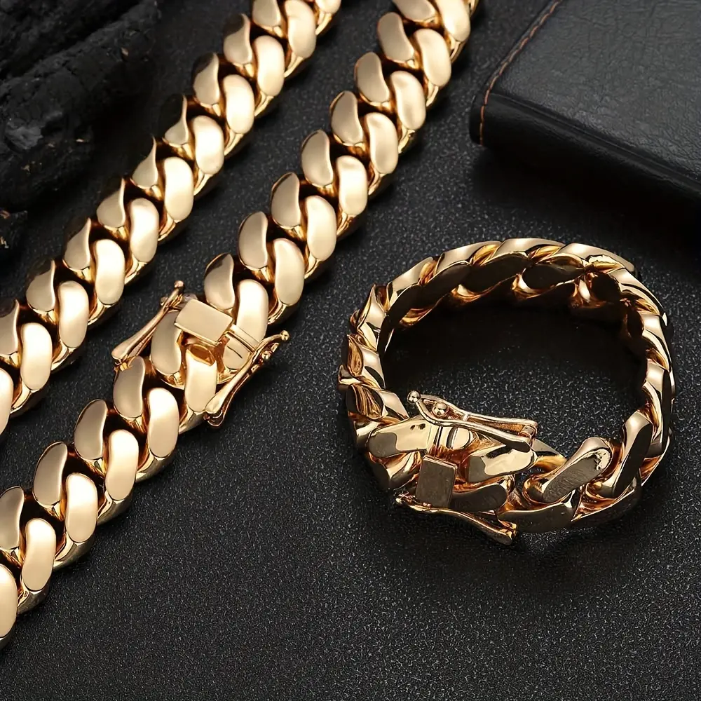 2pcs Miami Cuban Link Chain Set For Men Hip Hop Jewelry 14mm Stainless Steel 14K Golden Plated Lock Buckle Bracelet Necklace Set chain necklace