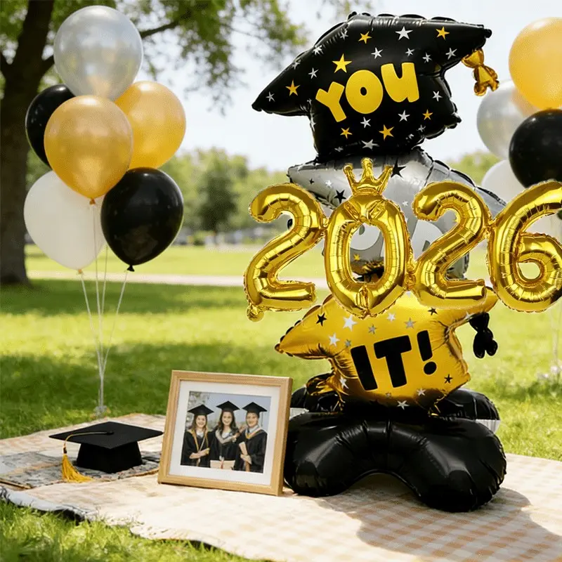 Giant Standable Graduation Balloons – Set of 2 Doctoral Cap Base Foil Balloons, 2026 University Graduation Decoration, Indoor/Outdoor Photo Backdrop for Graduation Party Celebration, Party Balloons Decorations