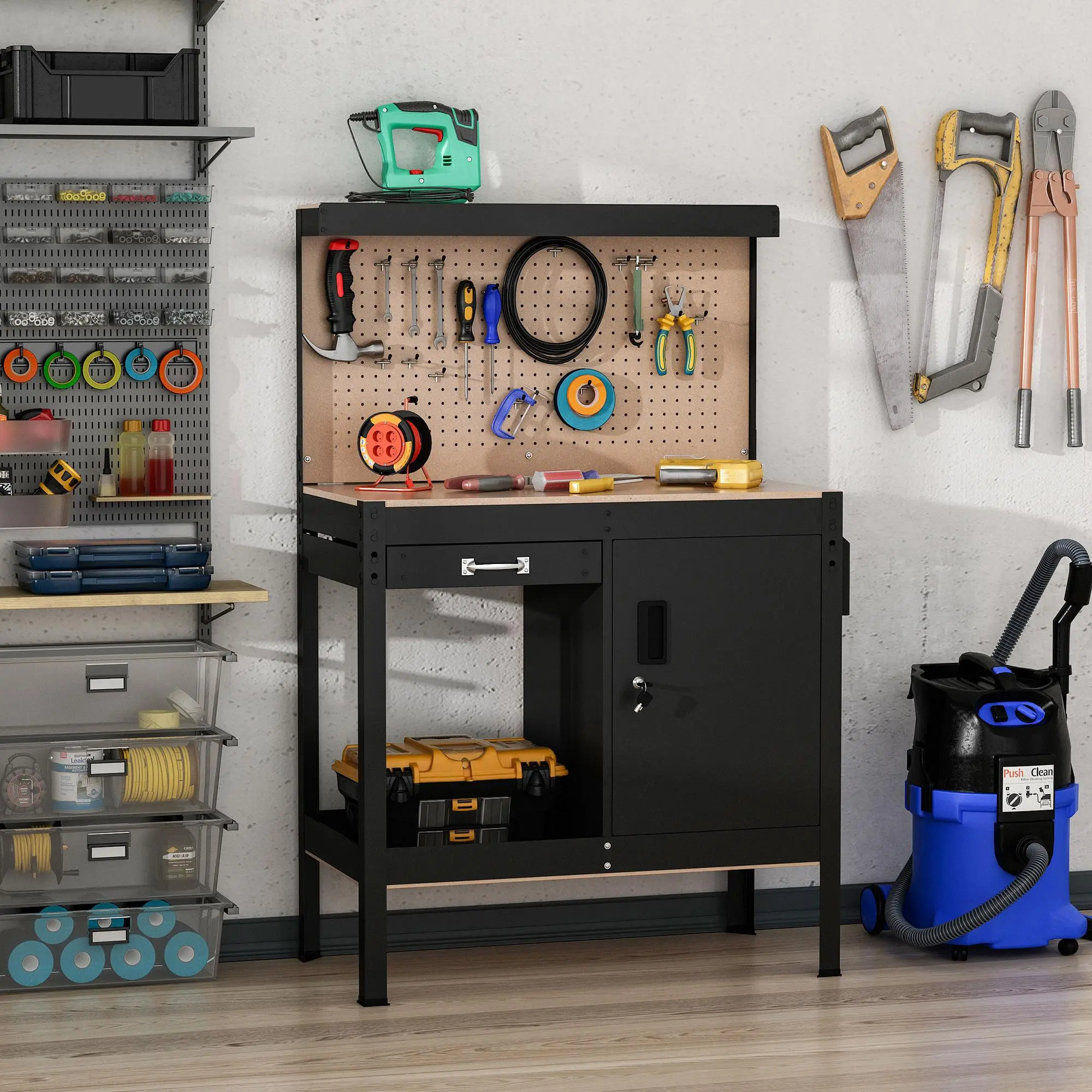 Multipurpose Workbench – Workshop Tool Table with Slide Drawer, Peg Board, Storage Cabinet with Keys, Converts to Sawhorse or Clamp, 220 lbs Capacity, for Garage, Workshop