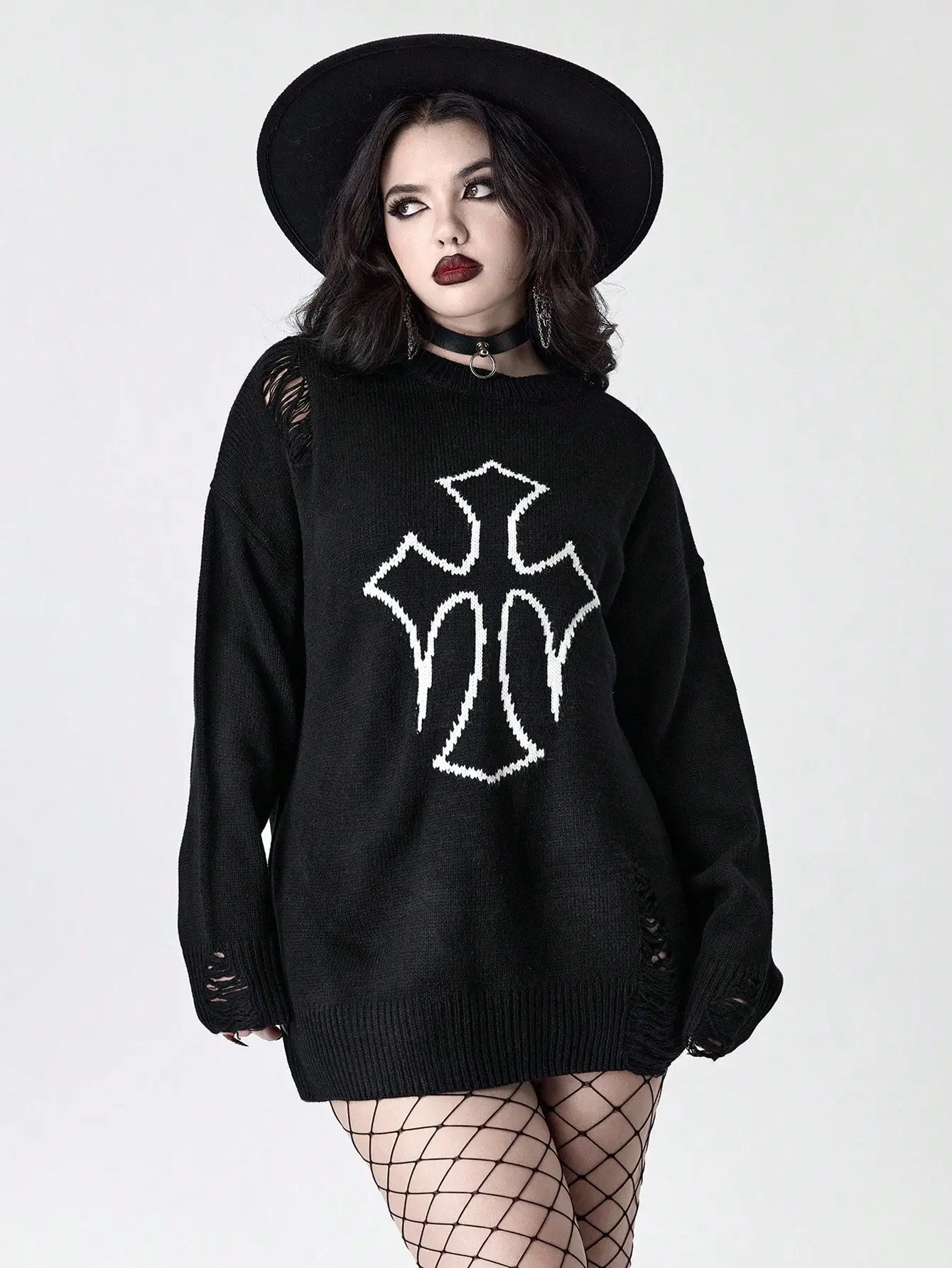 LALUZ Cross Jacquard Gothic Distressed Oversized Sweater Cozy Knit Pullover Long Sleeve Fall Winter Warm Fashion