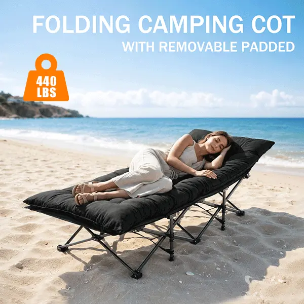 DUMOS Heavy-Duty Steel Camping Cot for Adults, Extra Wide Portable Folding Bed with Removable Padded Mattress & Carry Bag, 500 lbs Capacity for Travel & Camping, Camping Accessories