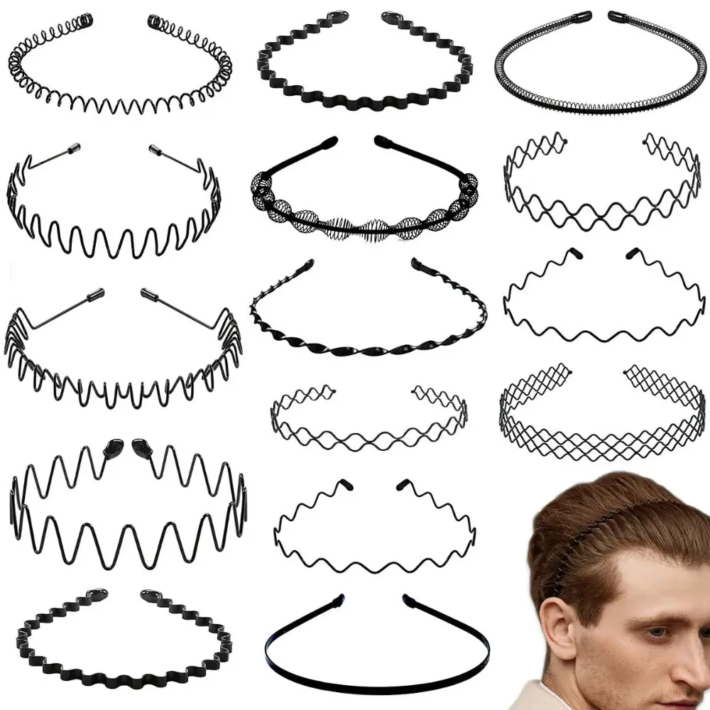 15 Pieces Metal Headband for Men and Women Unisex Hair Band Adjustable Headbands Wavy Hair Accessories Non-slip Hair Hoop for Home, Outdoor, Sports and Yoga