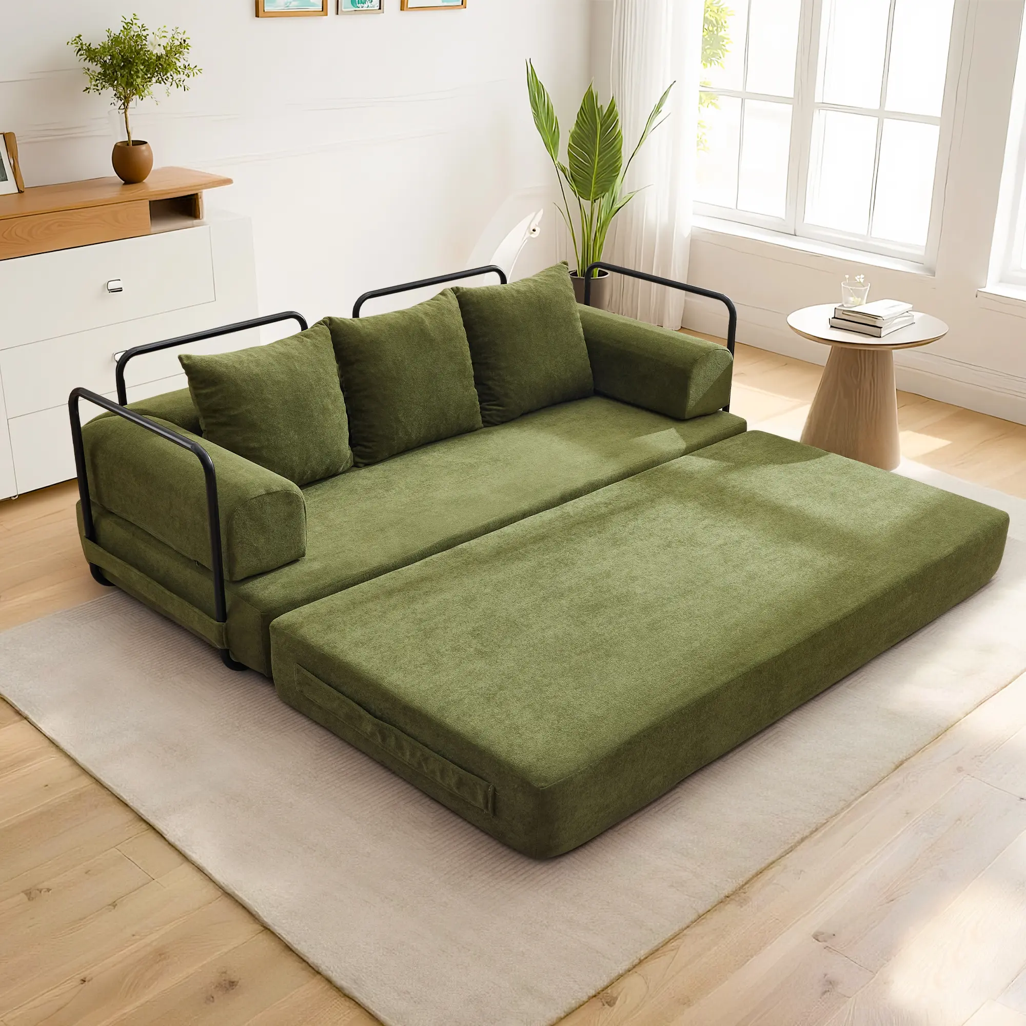 Korser 76-inch convertible sleeper sofa with 3 pillows, 4-in-1 chenille sofa, perfect for small spaces,   boneless sectional couch  , fix bean bag chair ed-shape tile modular sofa, guest bed and kids play area, adult teddy sofa, no assembly needed