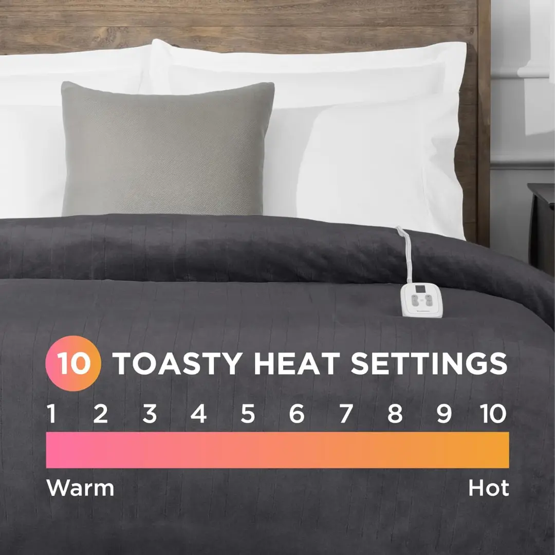 Brookstone Electric Heated Plush Blanket w/ 10 Heat Settings - Adjustable Timer, 12-Hour Auto Shut Off - Machine Washable & Dryer Safe Twin Size