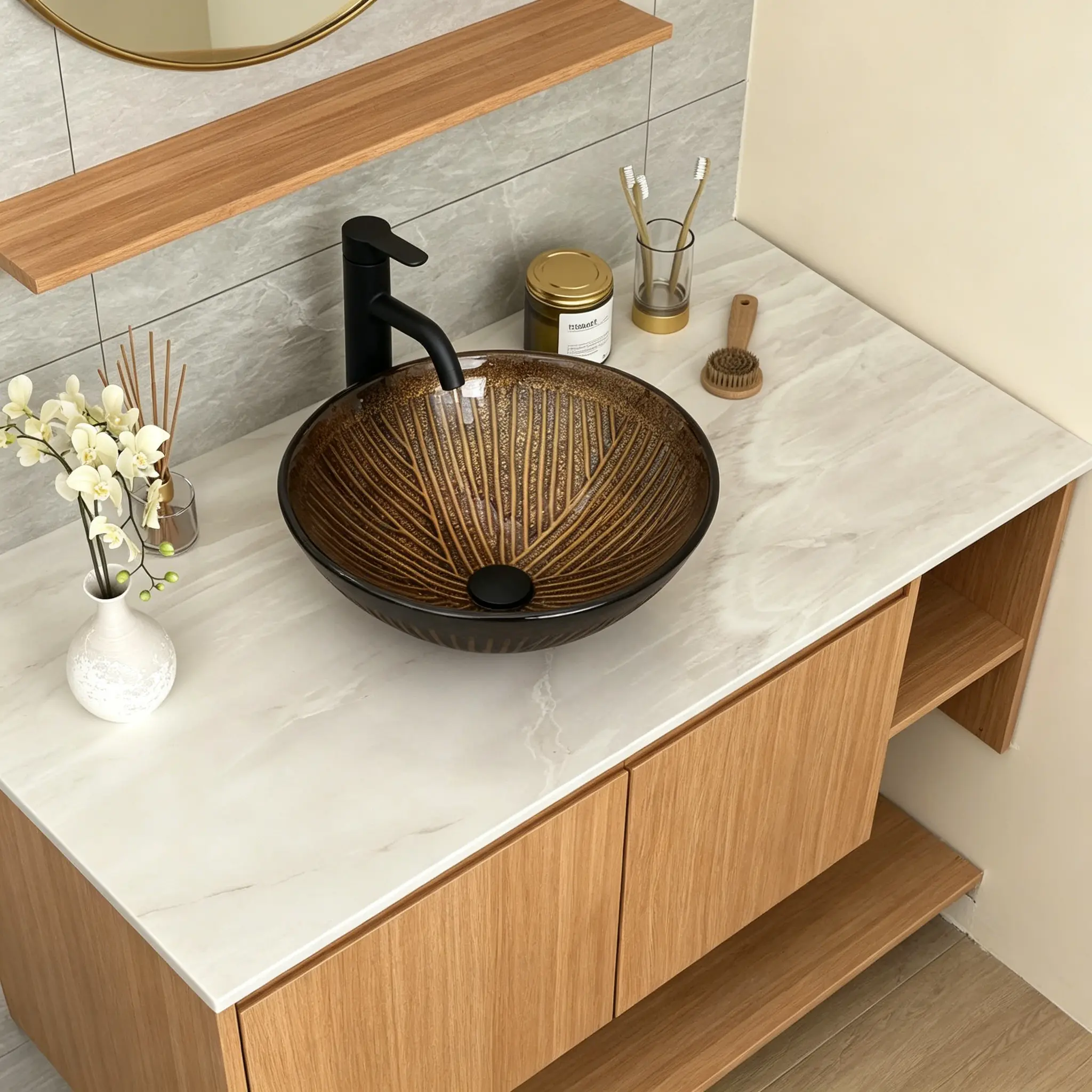 Lordear 16.5x16.5" Tempered Glass Bathroom Vessel Sink, Dark Brown Art Basin, Full Kit with Fully Assembled Black Pop-Up Drain, Versatile Easy Installation for Bathroom Vanity Countertops