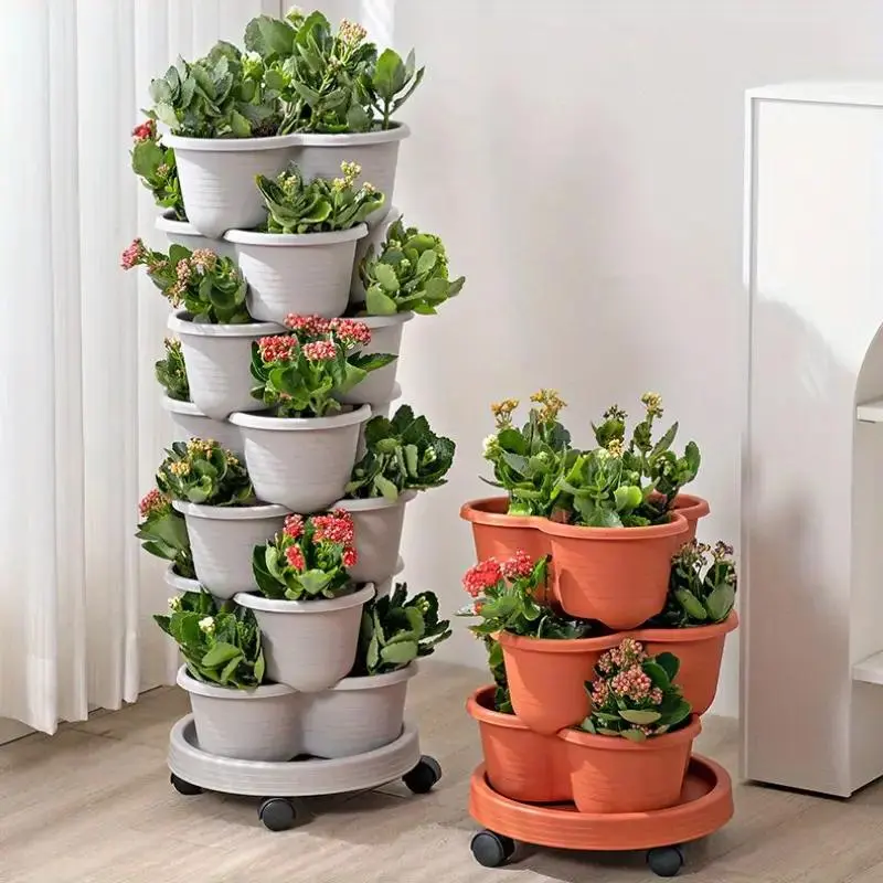 Stackable Self-watering Planter, 5 Counts/set Flower Pot with Movable Base, Garden Pot for Indoor & Outdoor Garden, Balcony, Portable Garden Planters, Stackable Vegetable Planters, Stackable Pots, Container Planting