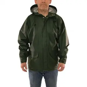 Tingley XL Green PVC Coated Polyester Long Sleeve Waterproof Work Safety Jacket & Coat - 2 Pockets, 48-50" Chest, 0.40mm Thickness, Attached Hood, Zipper Fly Front, Therm-O-Rad Sealed Seams, Hook & Loop Wrists (J33118.XL), Coats