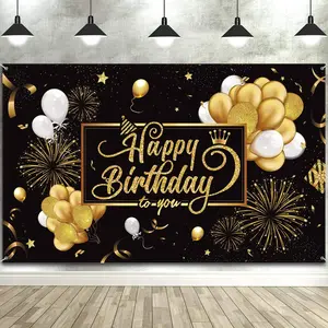 Large Happy Birthday Backdrop Banner – Glitter Balloon & Fireworks Fabric Photo Background, Party Decoration Sign (72.8" x 43.3")