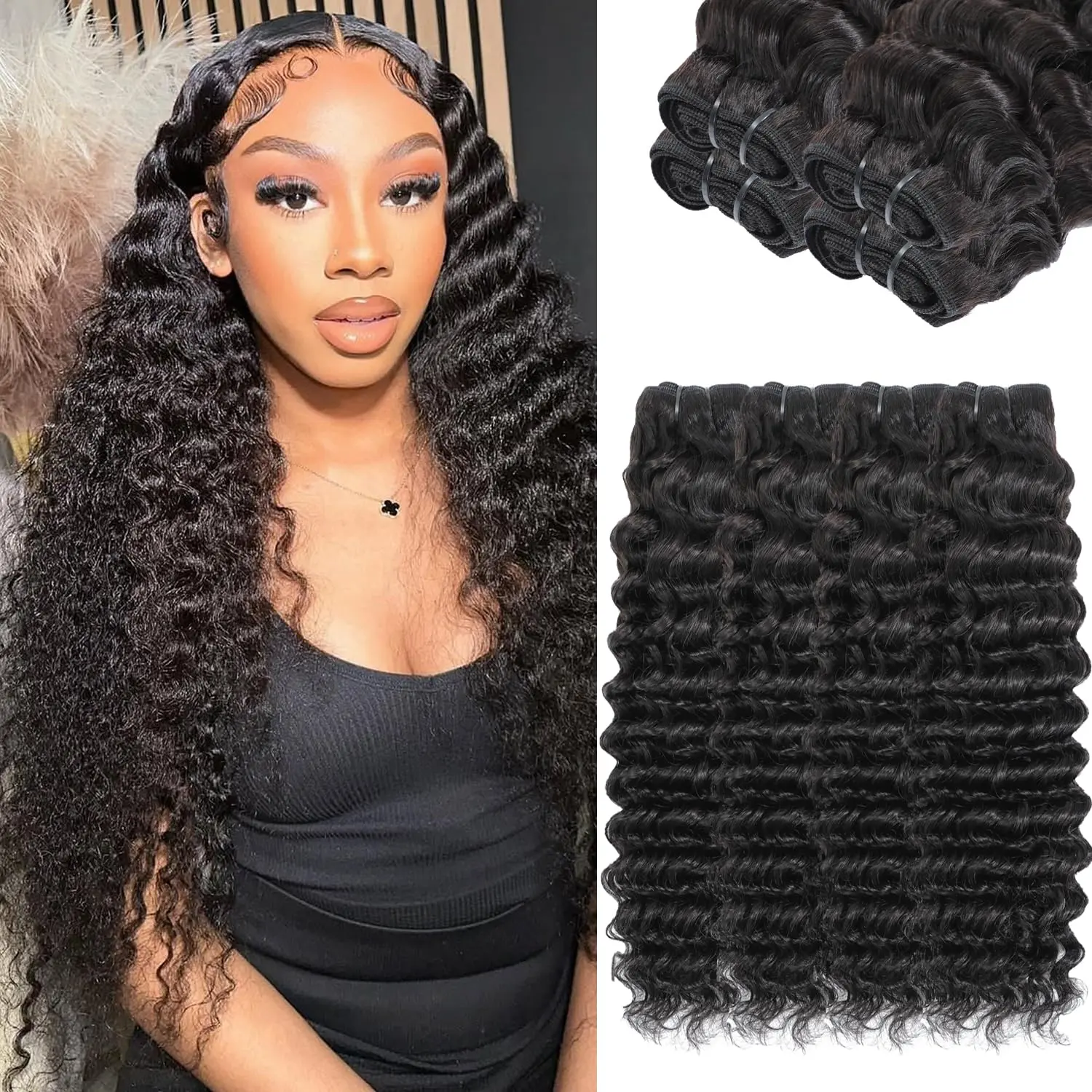 BINF 15A Raw Indian Deep Wave Bundles Human Hair 3-4 Bundles/Lot 100% Human Deep Wave Curly Hair Bundles Wet and Wavy Double Drown Weft Hair Extensions Natural Black Color Remy Virgin Hair